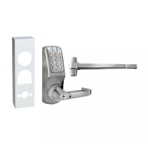 Codelocks Battery Powered Panic Hardware Kit (Black) with Panic Bar (Brushed Steel)