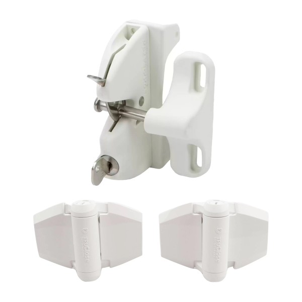 D&D Kit LokkLatch Series 2 Adjustable, Lockable Gate Latch with a Pair TruClose Adjustable, Self-Closing Hinge with 2 Side Leg (White) - 8000-1016 (Default)