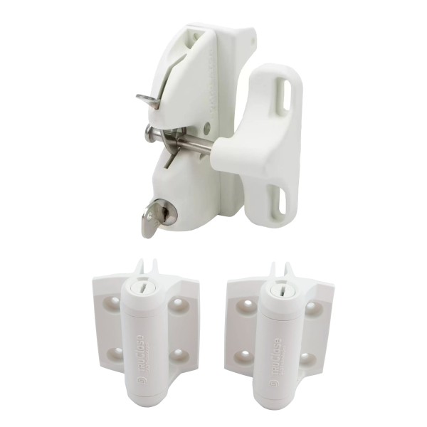 D&D Kit LokkLatch Series 2 Adjustable Lockable Latch and a Pair of TruClose Self-Closing, 2 Side Legs Hinge for Metal Pool Gates (White) - 8000-1032 (Gate Kits)