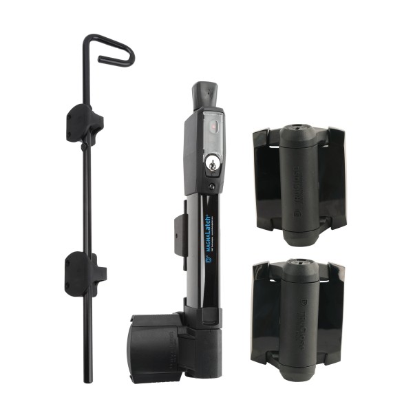 D&D Kit MagnaLatch Series 3 Vertical Pull Latch, Q-Bolt Drop Bolt 24" Padlockable Drop Rod, and a Pair of TruClose Adjustable Self-Closing Hinge with 2 Side Legs for Metal Pool Gates (Black) - 8000-2072 (Gate Kits)