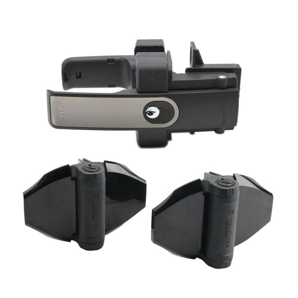 D&D Kit LokkLatch Magnetic Dual-Sided Keyed Alike Latch (Brushed Trim) and Pair of TruClose Self-Closing Heavy-Duty Hinge with 2 Side Legs (Black) for Wood and Vinyl Gates - 8000-2111 (Default)