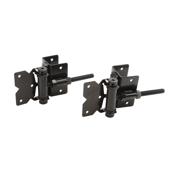D&D Powder-Coated Stainless Steel, Self-Closing, Adjustable, Narrow to 2" Wrap-Around Gate Hinges for Vinyl Gates - Black - DDS2HNW3A (Wood Gate Hardware)