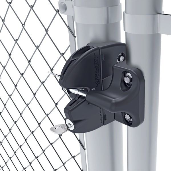 D&D LokkLatch Series 3 Adjustable Lockable Gate Latch for Round Chain Link Gate Posts With External Access Kit (Black) (Series 2 Shown)