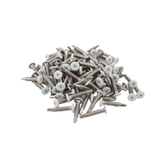 D&D 1" Self-Drilling, Phillips Head 10 Gauge Screw, White 410 Stainless Steel (Pack of 100 Screws)