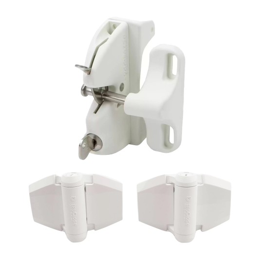 D&D Kit LokkLatch Series 2 Adjustable, Lockable Gate Latch with a Pair TruClose Adjustable, Self-Closing Hinge with 2 Side Leg (White) - 8000-1016 (Default)