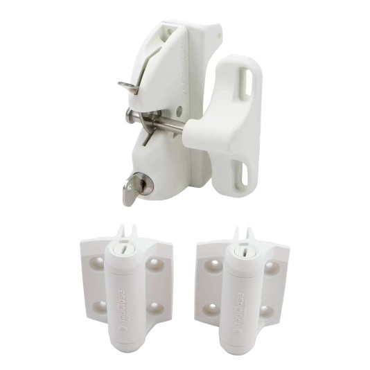 D&D Kit LokkLatch Series 2 Adjustable Lockable Latch and a Pair of TruClose Self-Closing, 2 Side Legs Hinge for Metal Pool Gates (White) - 8000-1032 (Gate Kits)