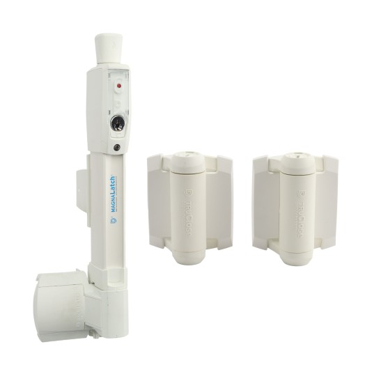 D&D MagnaLatch Series 3 Vertical Pull Latch and Pair of TruClose Adjustable Self-Closing Hinge for Metal Pool Gates (White) - 8000-2114 (Default)
