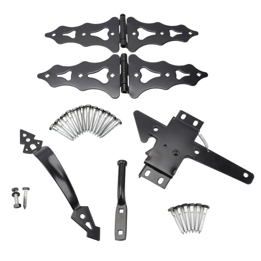 D&D Metal Traditional Walk Gate Kit For Wood Gates With Post Latch, Gate Handle, and 8" Strap Hinge (Black)
