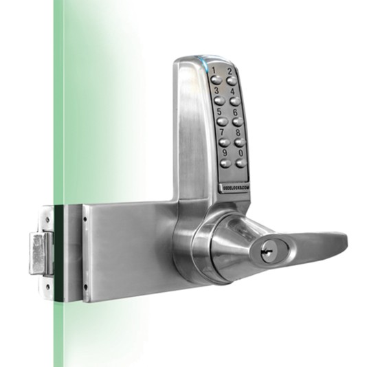 CodeLocks Glass Door Lock, Right Hand, Patch Fitted Strike Plate Included (Brushed Steel) - CL4000GD-RH-BS