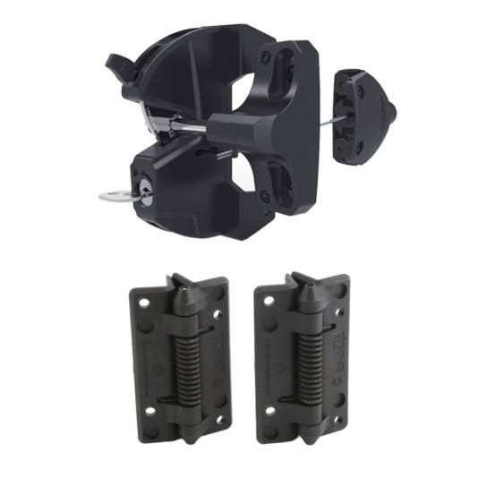 D&D Kit LokkLatch Series 3 Lockable Latch & KwikFit Self-Closing Hinges for Metal & Wood Gates (Black) - LL3AKFPK