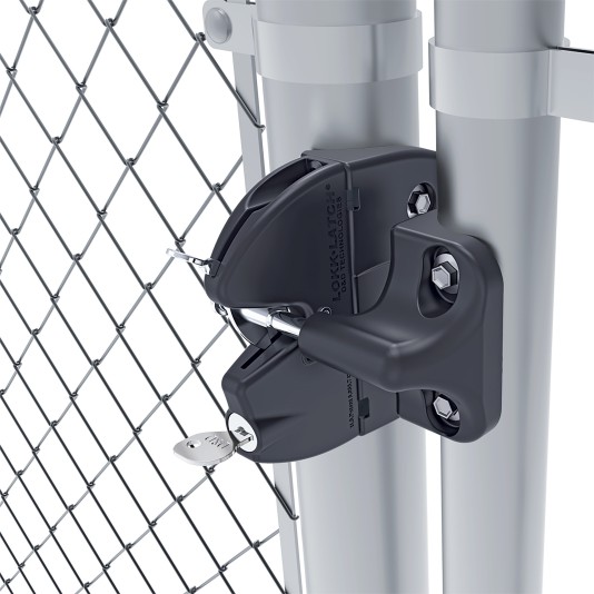 D&D LokkLatch Series 3 Adjustable Lockable Gate Latch for Round Chain Link Gate Posts With External Access Kit (Black) (Series 2 Shown)